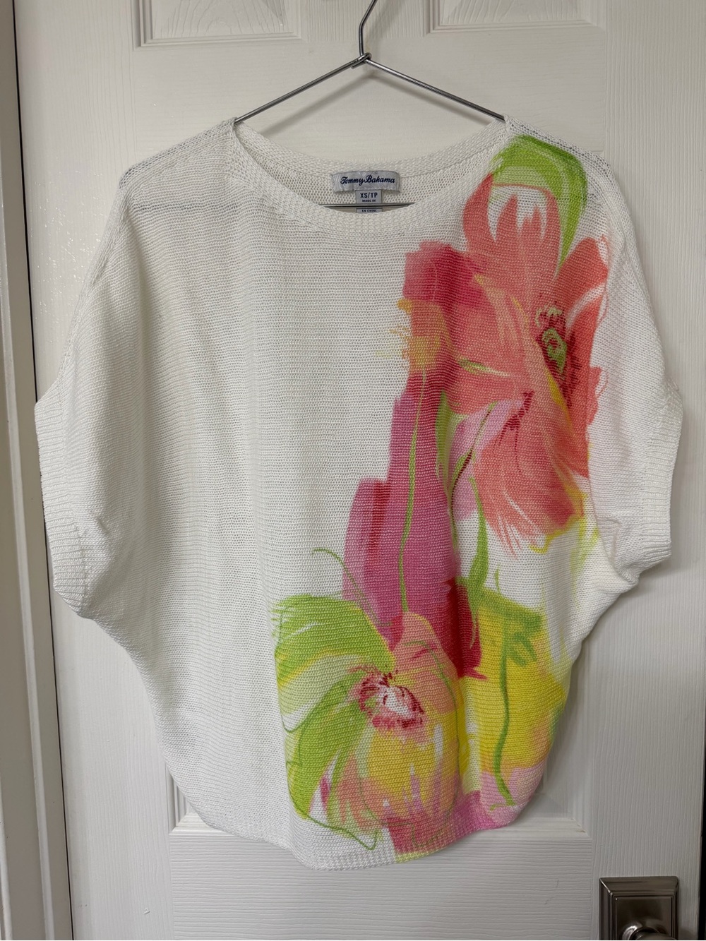 Tommy Bahama White Pullover with Pink & Green Floral Print Short Sleeves